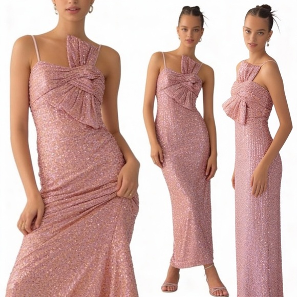 Anthropologie Dresses & Skirts - ANTHROPOLOGIE MAC DUGGAL Sequined Faux Bow Column Gown Pink Sequin Size 6 NEW